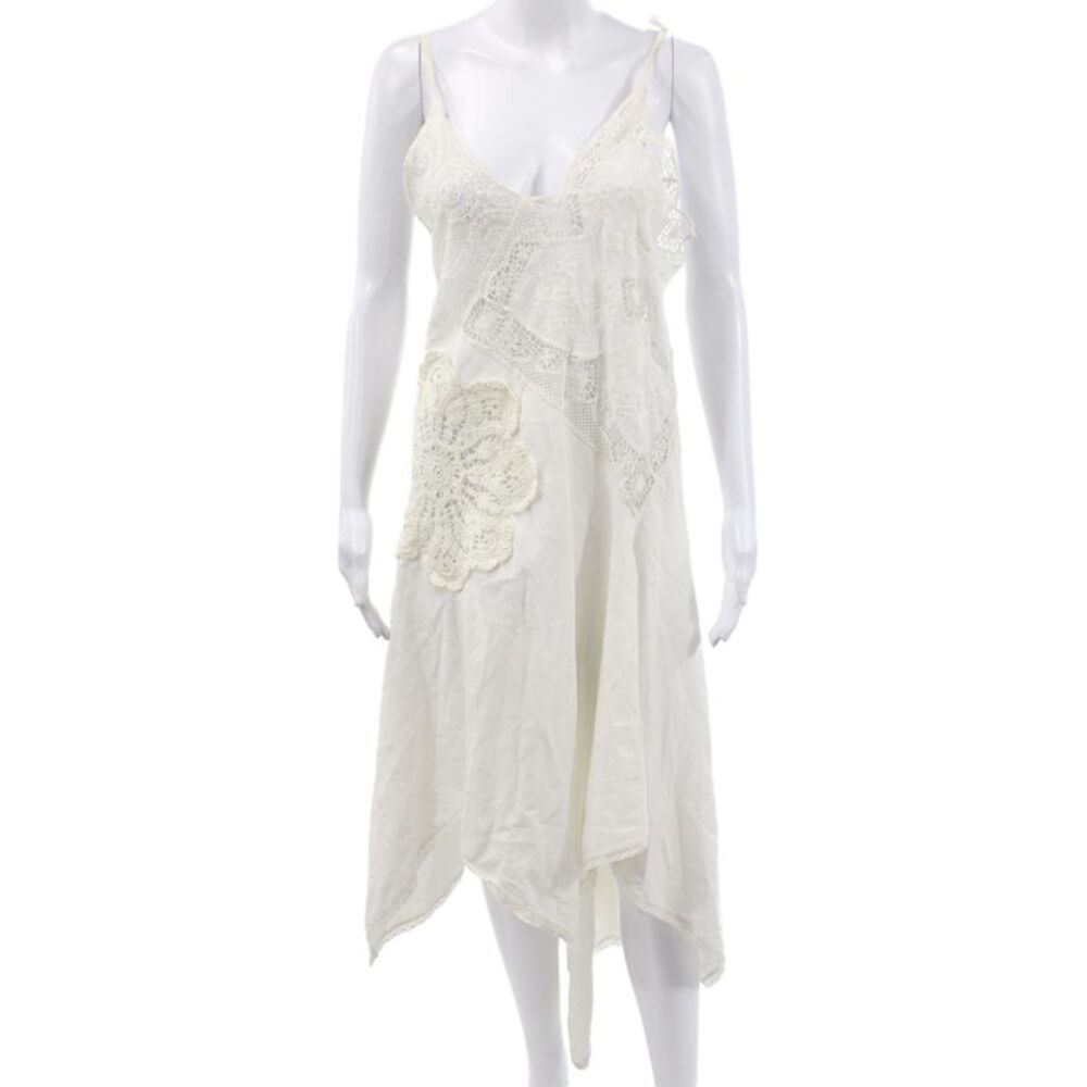 MNG Womens Slip Dress White V Neck Linen Patchwork Boho Knee Length Size 2